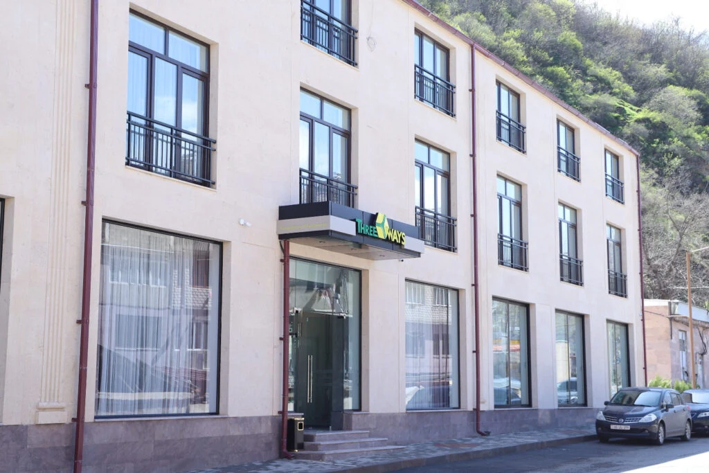 The exterior and entrance of the ThreeWays complex in Kapan